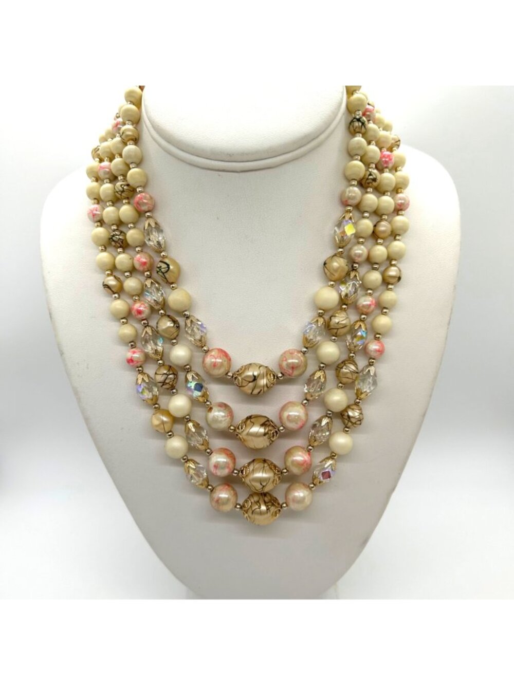 Vintage 4-Strand Japan Necklace Pink Swirl Beads Glass Acrylic Gold-Tone 1950s - Picture 2 of 16